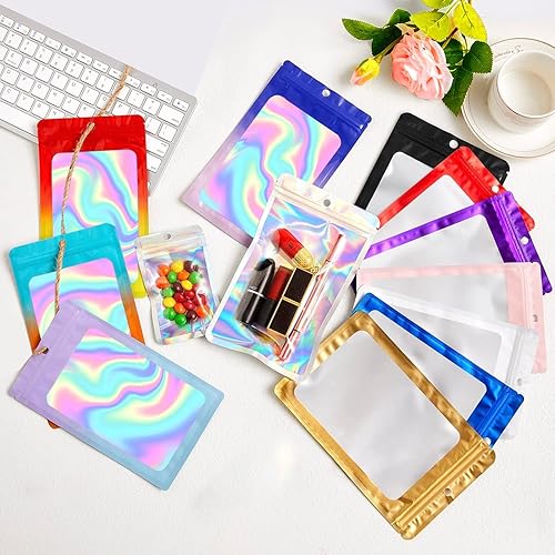 Miniatura 6 de Paquete de 100 bolsas de Mylar con ventana transparente, bolsas de almacenamiento de alimentos, a prueba de olores, embalaje de mano resistente a