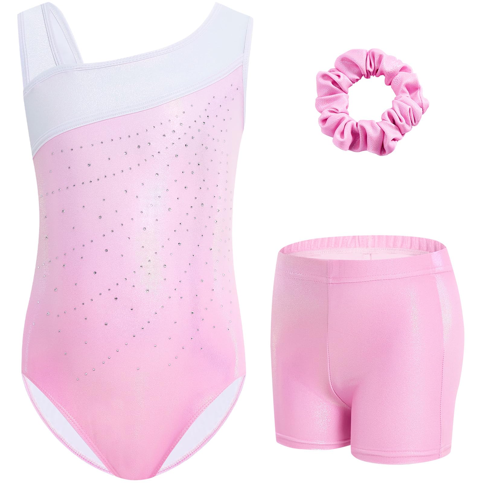 Gogokids Conjunto de gimnasia de tres piezas para niña, cuello en Y, sin mangas, con pantalones cortos y diadema, traje de gimnasia con diseño de bloques de color azul y morado, 3-12 años — view 15