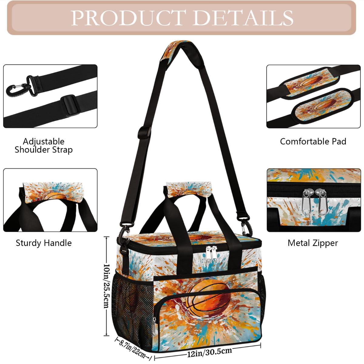 Mexpekil Borsa termica riutilizzabile a prova di perdite per il pranzo, ad acquerello, basket, picnic, borsa termica per sport, per donne, uomini, lavoro, campeggio, spiaggia, ufficio, 24 lattine, 15