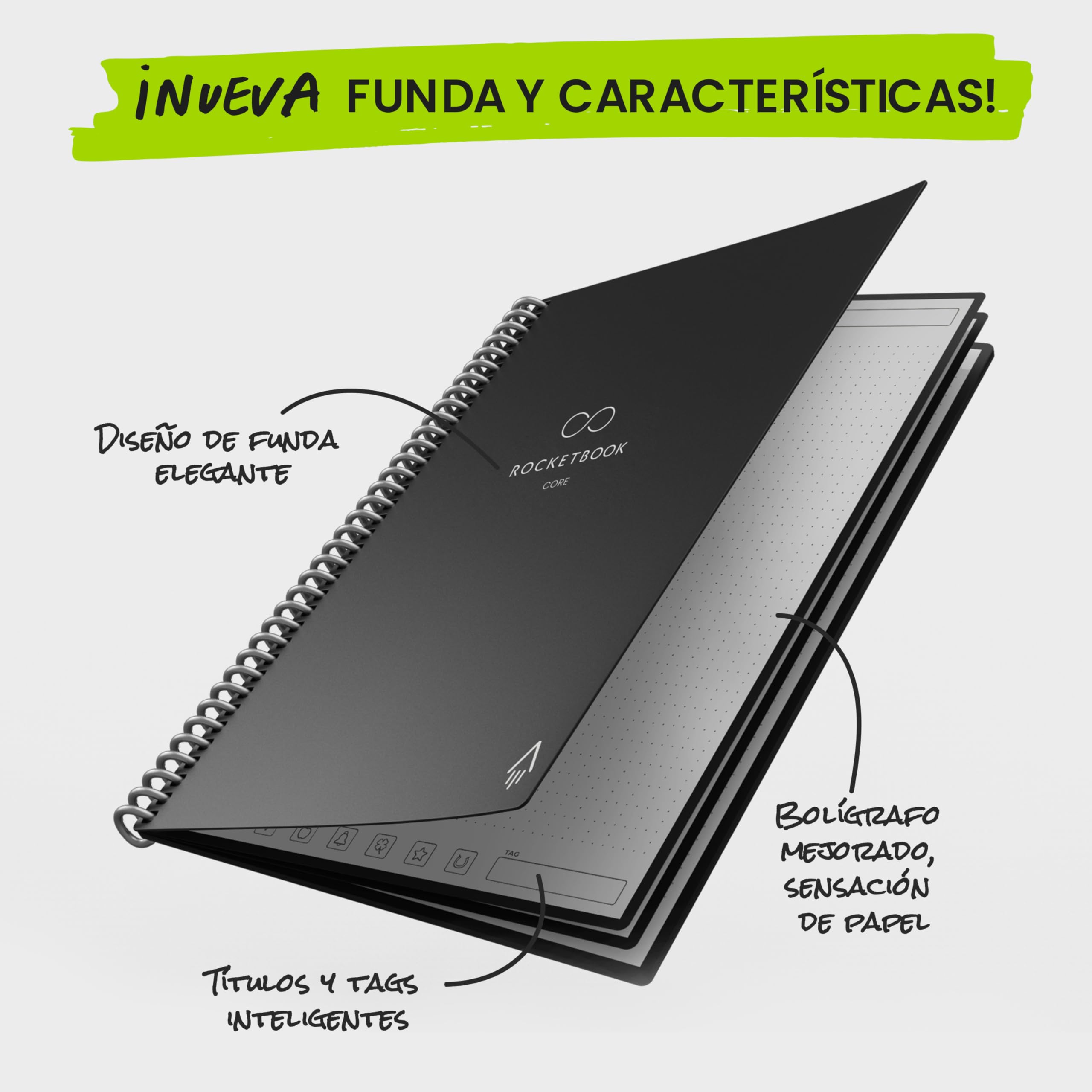 Rocketbook Core Cuaderno Espiral Reutilizable, Tamaño A4 21 cm x 29,7 cm, Negro - Páginas de Rayas, Conexión a App, Borrable, Tapa Duradera, para el Colegio, el Trabajo y los Proyectos Creativos