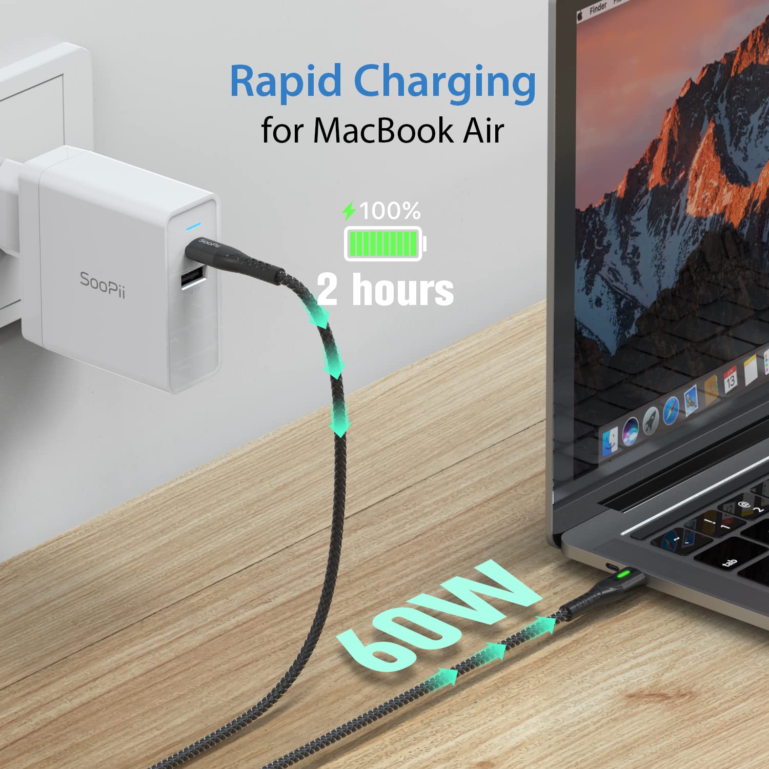 SOOPII USB C to USB C Cable 60W, 2Pack 10FT Type C Cable with Smart LED Indicator,Nylon Braided Fast Charging C Charger Cord for lPad Air/lPad Pro, MacBook Pro, Samsung Galaxy S21/S10/S9/Plus …