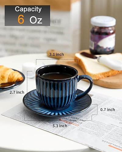 Miniatura 10 de Hasense Tazas de cerámica para capuchino con platillos  6 onzas, juego de 6 tazas de café expreso acanalado para café, té, café con leche y