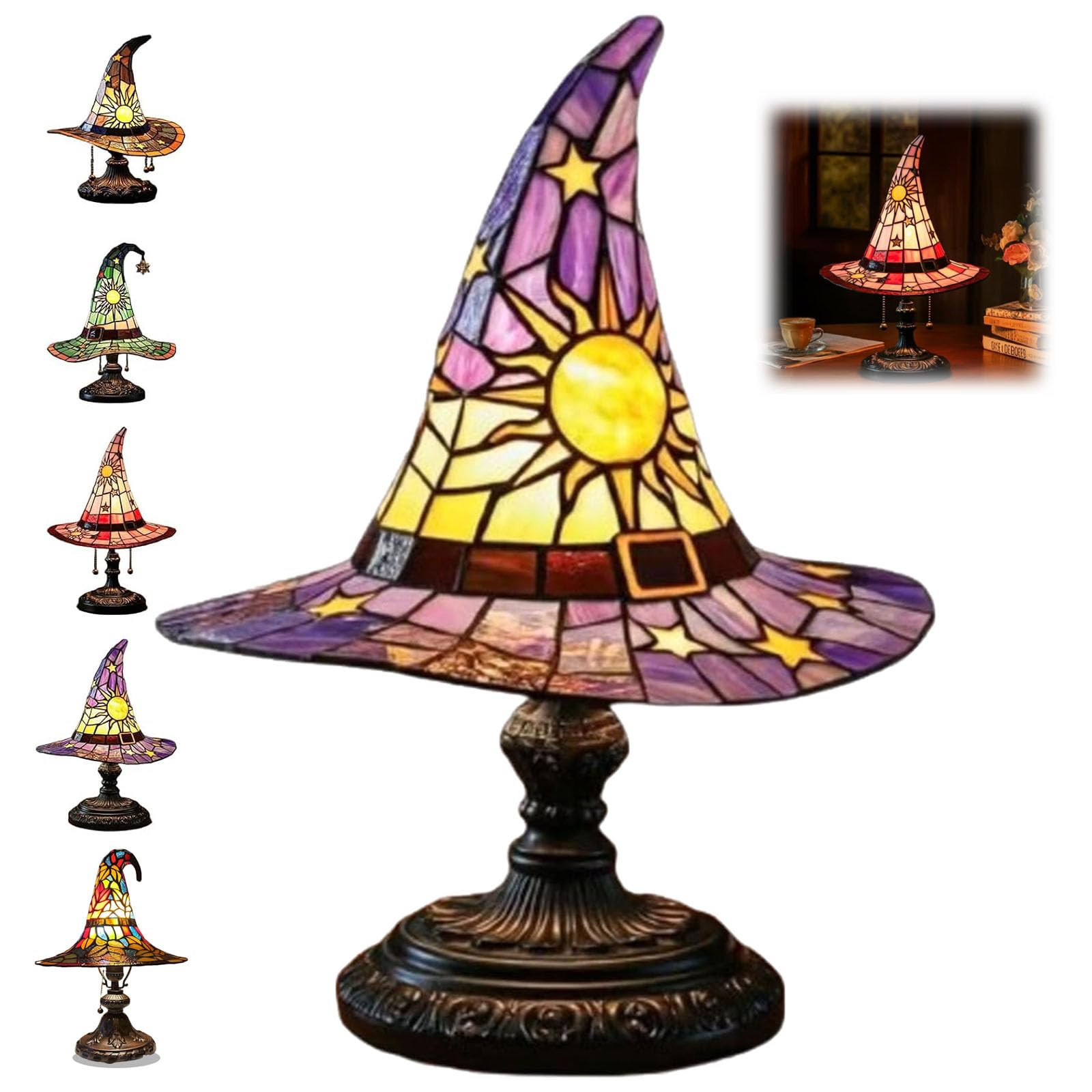 Witch Hat Lamps, 2025 Stained Glass Witch Hat Lamp, Stained Glass Witch Hat Lights with Mystical Charm, Handmade Gothic Wizard Hat Shape Lights for Bedroom Party of Halloween Decor (Purple)