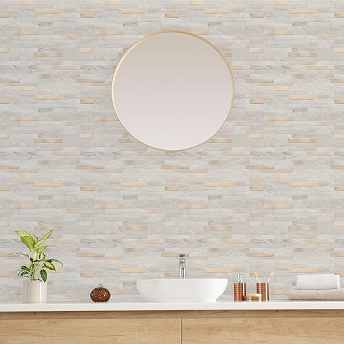 Miniatura 5 de STICKGOO - Loseta en muro para despegar y pegar, azulejos de pared de cloruro de polivinilo para pegar, loseta en muro para cocina (5 láminas, beige