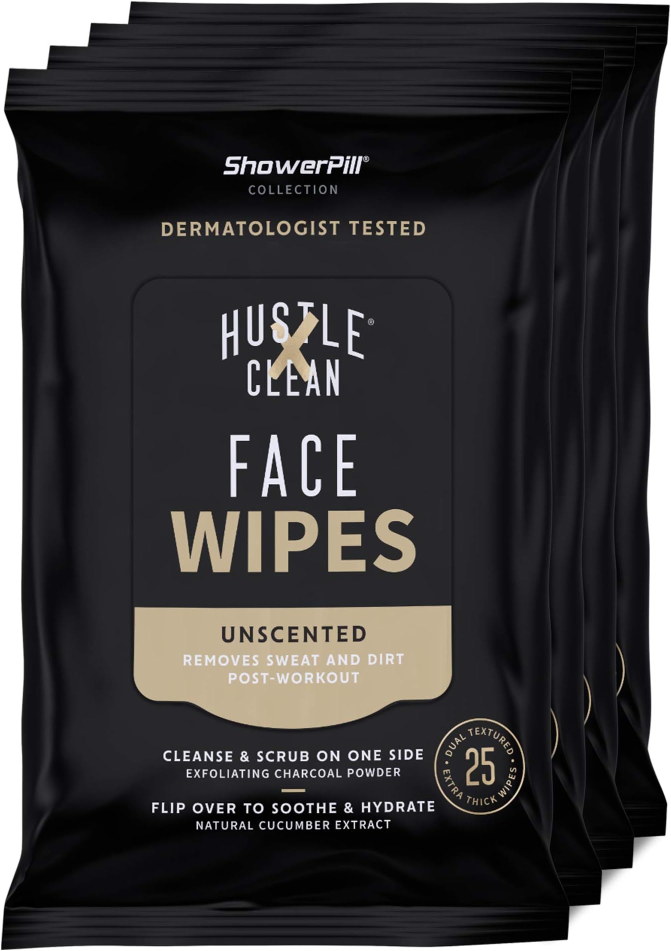 The Face Wipe by Hustle Clean - ShowerPill Collection - 100 Count - Dual-Textured Cleansing Cloth with Charcoal and Cucumber Formulation - 100 Face Wipes