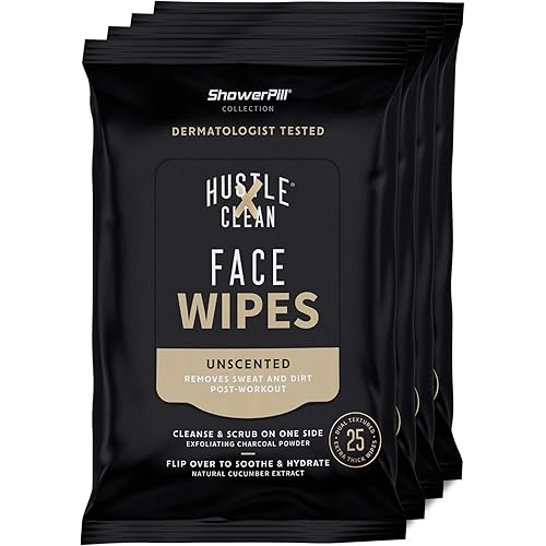 The Face Wipe by Hustle Clean - ShowerPill Collection - 100 Count - Dual-Textured Cleansing Cloth with Charcoal and Cucumber Formulation - 100 Face Wipes