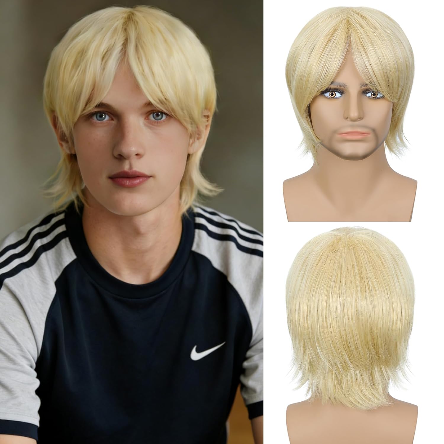 QUEENTAS Unisex 10 Inch Short Straight Blonde Wig, Heat Resistant Synthetic Glueless Wig for Halloween Cosplay Daily Wear