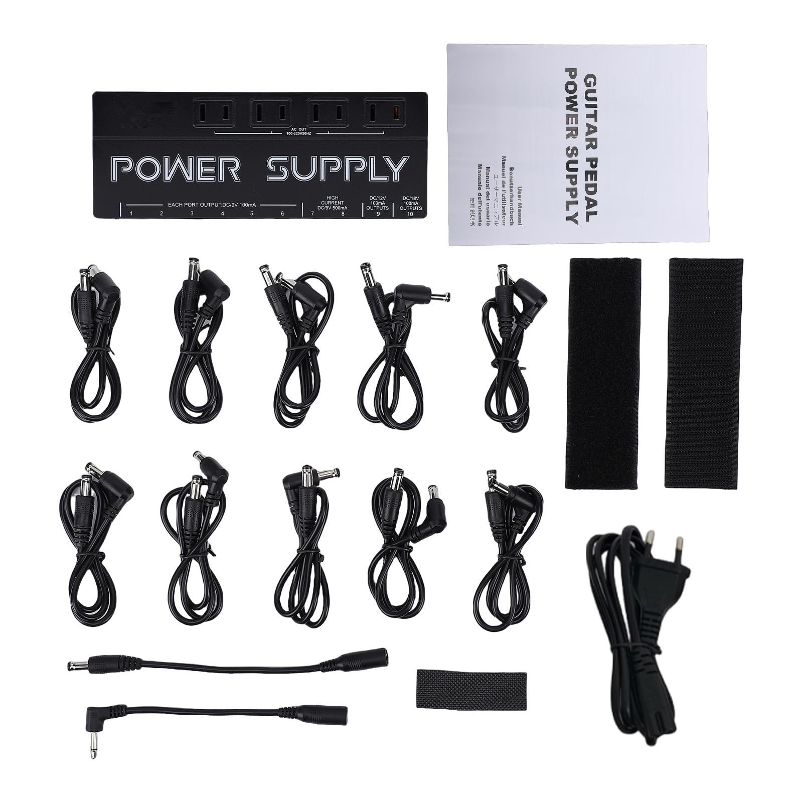 Eacam Alimentatore per Pedali Effetti per Chitarra 10 Uscite di Riduzione del Rumore 9V 12V 18V Custodia in Lega di Alluminio Pedaliera Basso Chitarra (Spina europea)