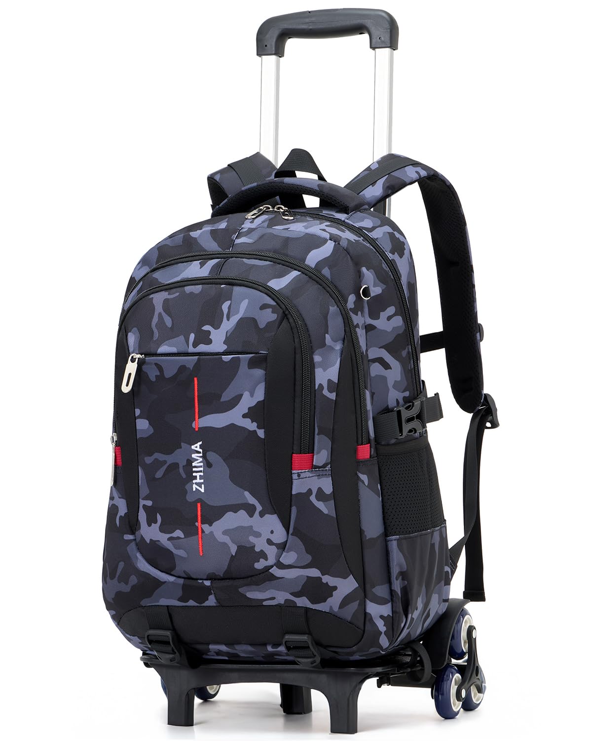 Amythe Zaino Scuola con Ruote per Ragazzi 6 Ruote Camouflage Nero | Trolley Scolastico con Carrello Estraibile, Zaino Ragazzo Scuola Elementare Medie e Superiori, PC 15.6", Ritorno / Viaggi