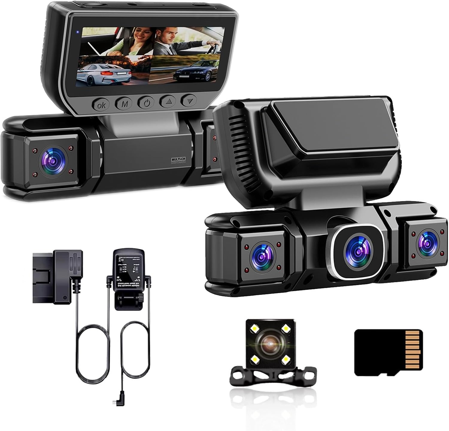 4 Channel Dash Cam Front & Rear for Cars with Radar Motion Detection,1080P FHD Screen Dash Camera Include Free ODBII Hardwire 24/7 Parking Surveillance,360° Camera with WiFi,Loop Record,Night Vision