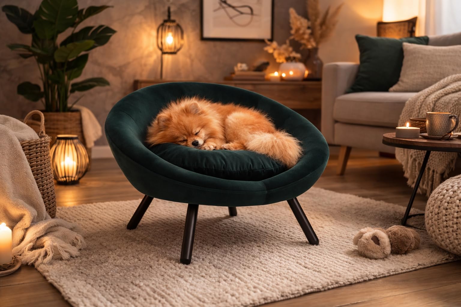 Panier Chien - Panier Chat - canape Chien - Dolco - Sofa - Ronde - Verte - 54x50x40 cm - Textile Bois métal - pour Petits Chiens et Chats - Coussin Amovible