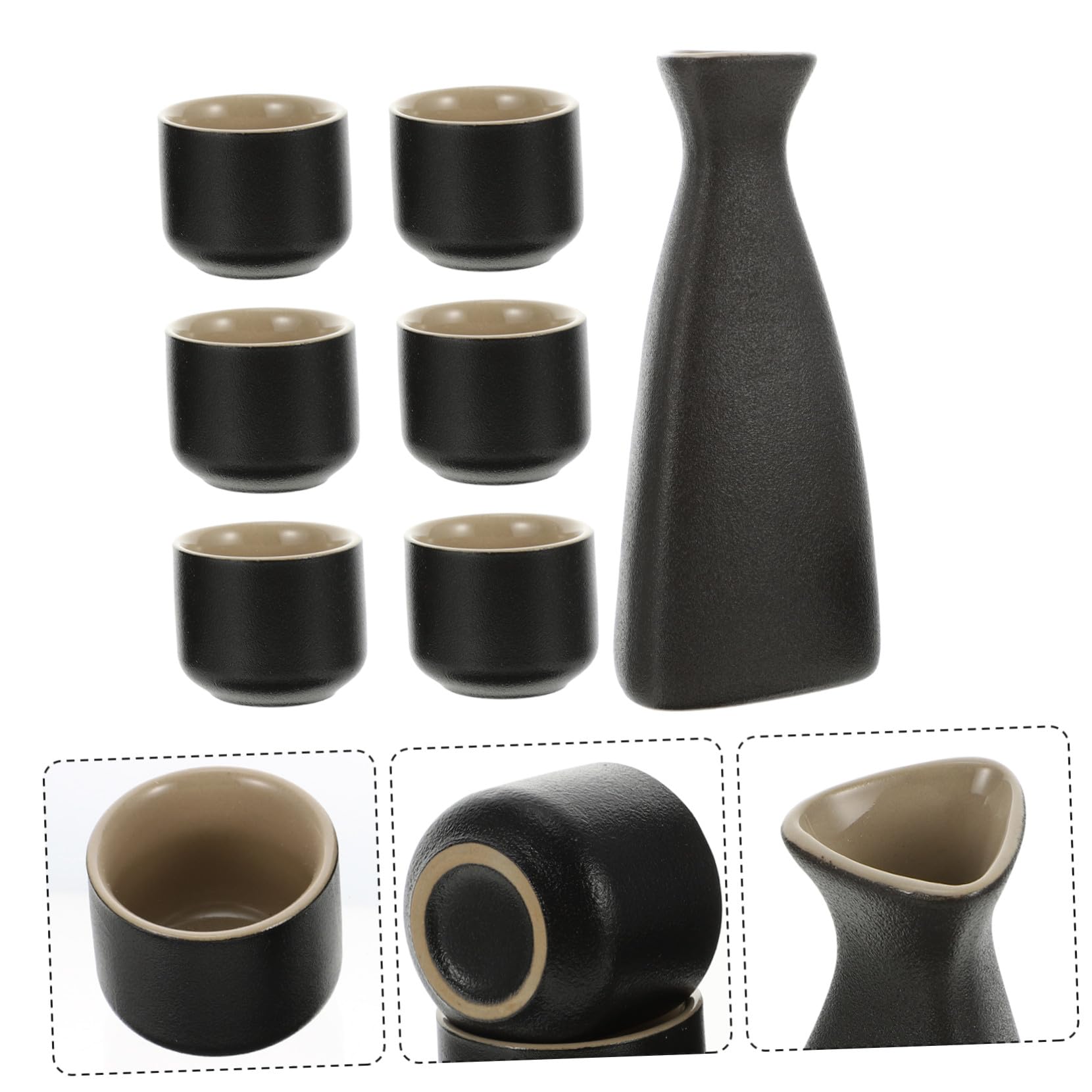 Ipetboom Ensemble de 7 Tasses à Saké en Céramique Noire, Design Japonerie Simpliste, Multi-usages, pour Recevoir Famille et Invités