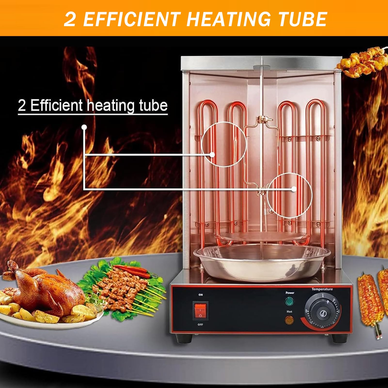 Gira Arrosticini Elettrico 2400W, Barbecue Elettrico da Tavolo Verticale, 2 Tubi Riscaldanti, Rotazione 360°, Termostato Regolabile 50‑300°C, Vaschetta Raccogli Carne, Uso Domestico e Commerciale