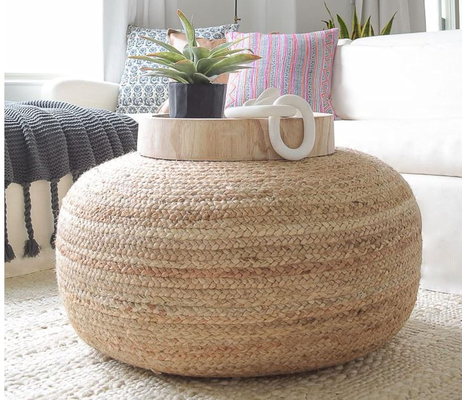 Jute Ottoman Pouffes for Sitting Handcrafted Pouf for Living Room, Bedroom, Footrest, Office, Home, Beige 50x50x30-D-image-40
