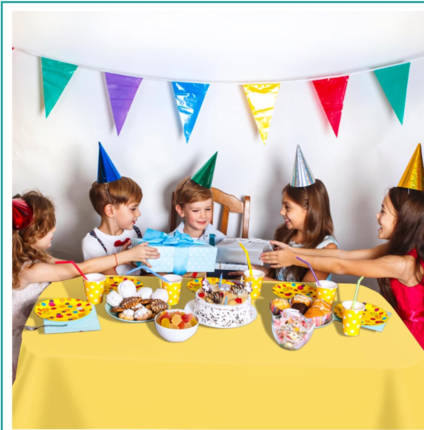 tujol Yellow 6 Pack Plastic Table Cloth 54 x 108, Disposable Tablecloths Rectangle Table Cover, Plastic Tablecloths for Parties