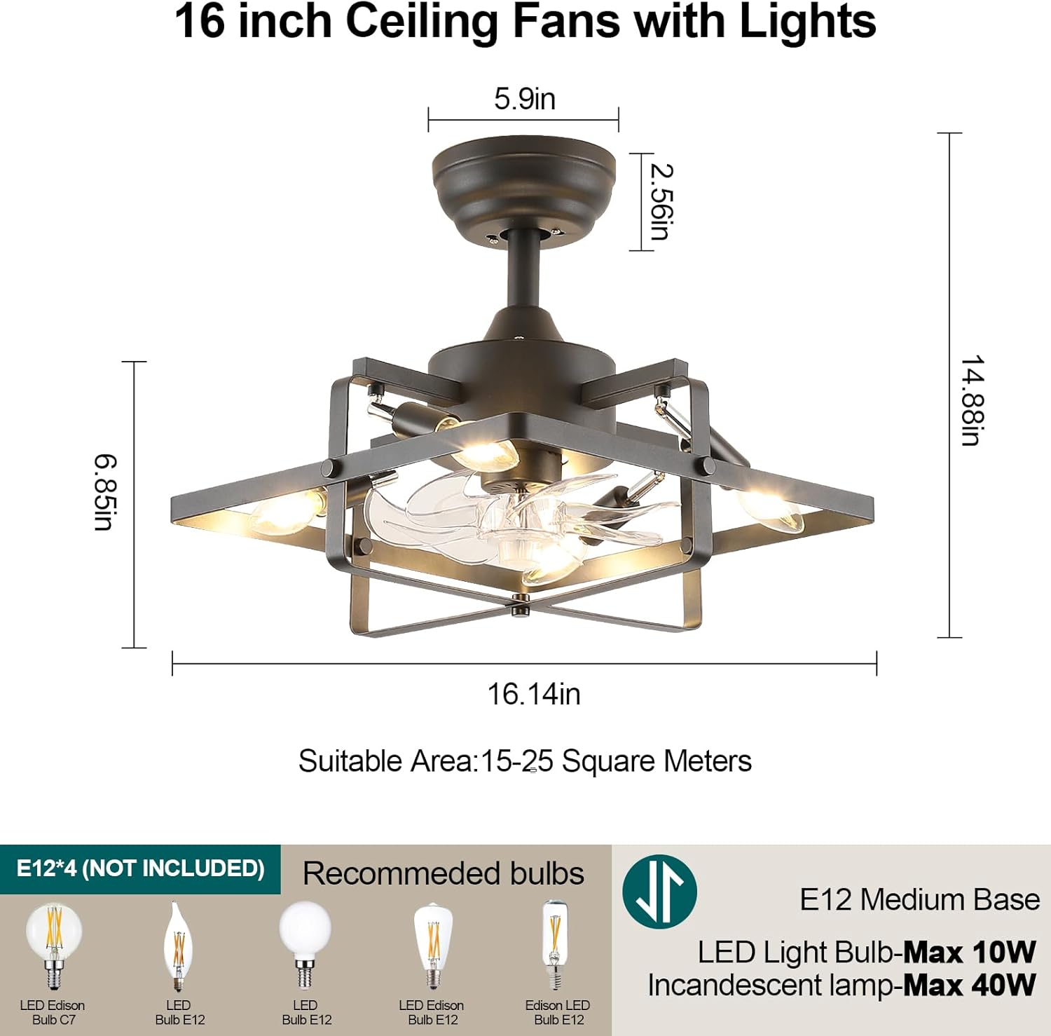 16" Black Cage Ceiling Fan with Light, Industrial Ceiling Fan with Remote Control, Farmhouse Fan Light Ceiling Fixture for Kitchen, Bedroom (6 Speeds, 3 Colors, Timer) - E12 No Bulb 16 Inch Black image 5 of 7 B0D8B3R1WM