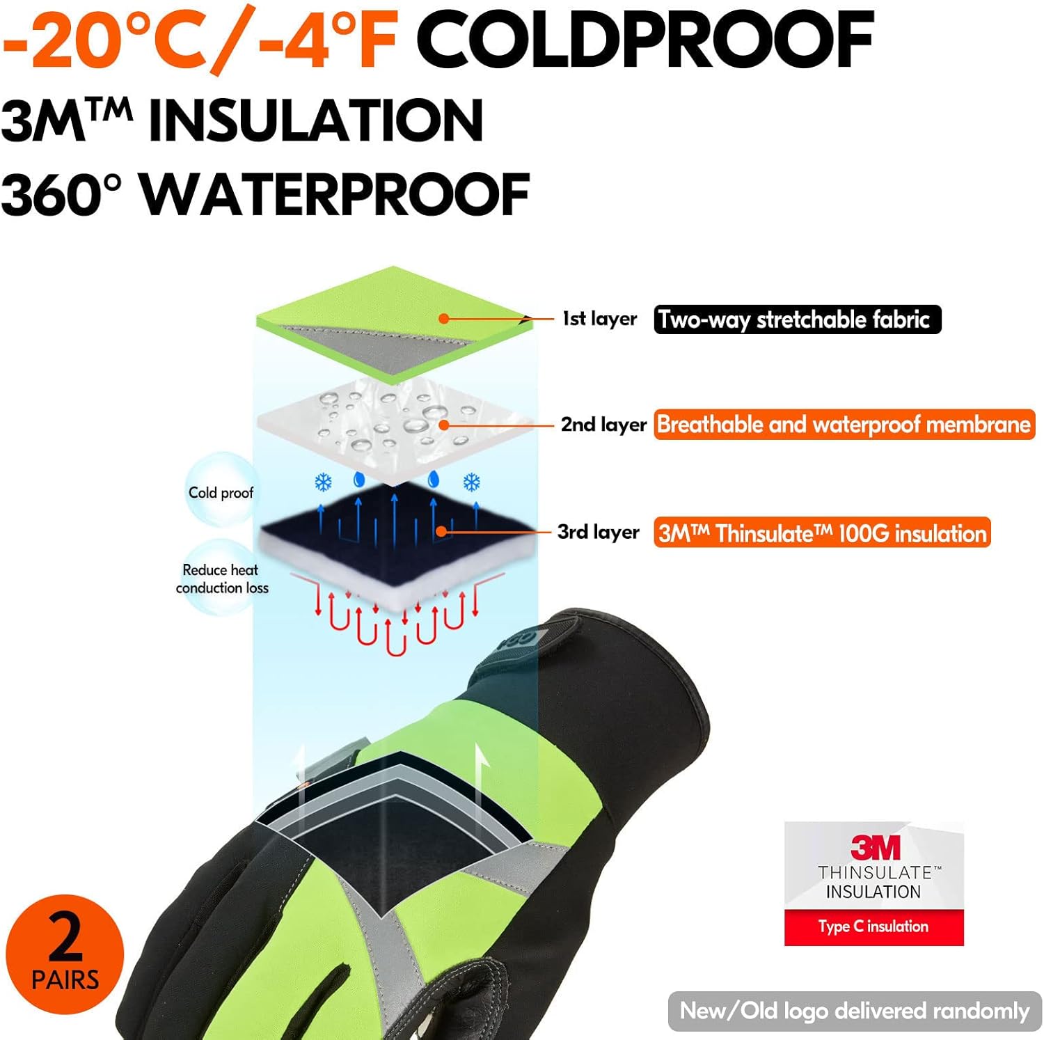Vgo... 2-Pairs -4℉ or Above 3M Thinsulate C100 Lined Synthetic Leather Warm Work Gloves, Waterproof Insert (SL8777FW) - Image 2