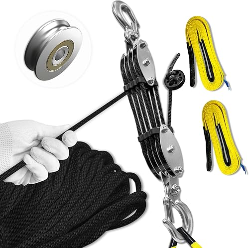 Sistema de polea de bloqueo y aparejos con 2 correas de elevación, polipasto de cuerda mejorado de 4 ruedas con ruedas guía dobles y ganchos de