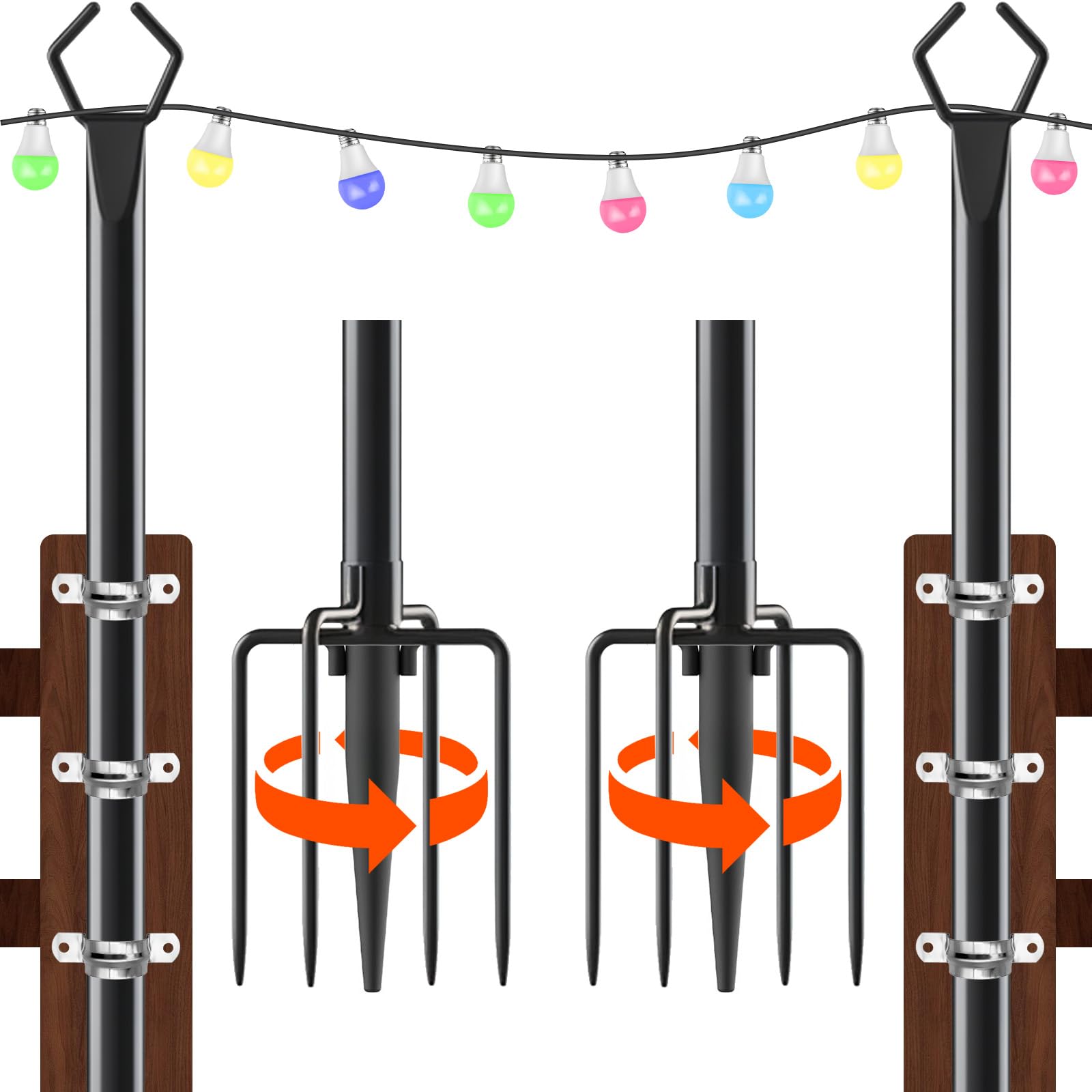 2 Stück 2,5 m lange Lichterkettenstangen außen – Lichterkette mit Gabel für Deck, Garten und Terrasse, langlebiger Terrassenbeleuchtungsständer für Hochzeit, Partys und Weihnachten