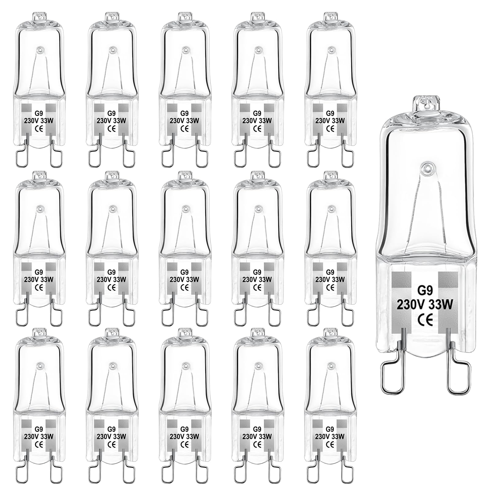16 Pack G9 Halogen Light Bulbs 230V 33W Dimmable, 2800K Warm White Halogen Bulbs No Flicker Two Prong Clear Capsule Lamps for Ceiling Lights Wax Burner Bulbs Cooker Hood Oven Lamps Nightlights Warmers