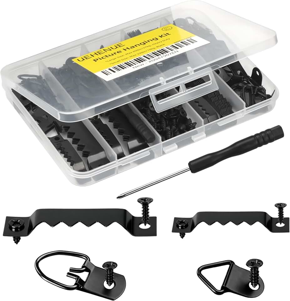 251Pcs Picture Hanging Kit, Dual-Size Heavy Duty Picture Hanging Hardware | 50 Sawtooth Picture Hangers + 50 D Rings + 150 Screws + Screwdriver, Wall Hanging Kit for Artwork Frame Canvas Mirror Clock