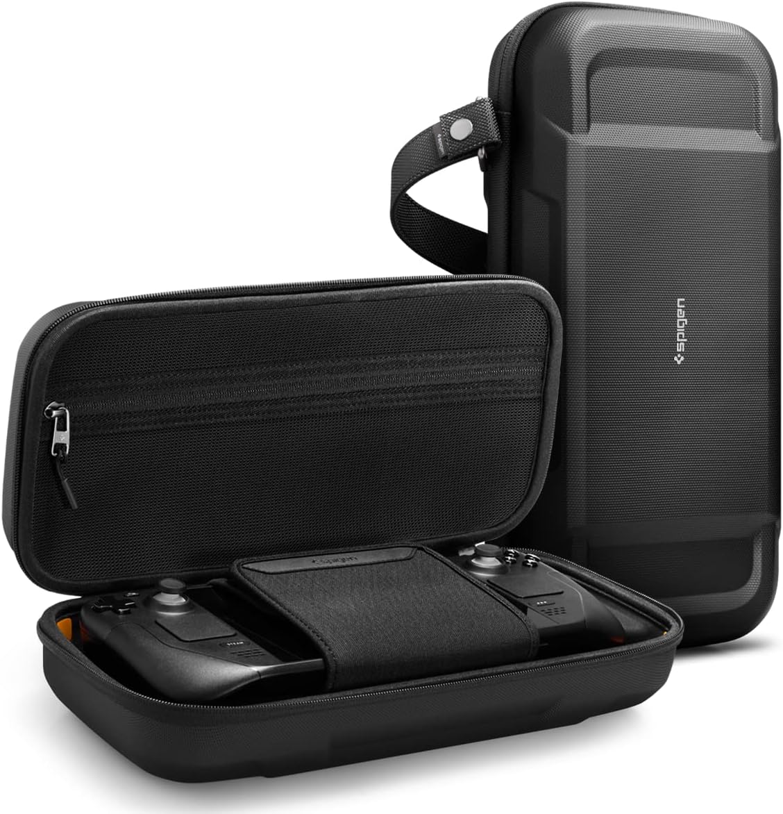 Spigen Rugged Armor Pro for Steam Deck OLED (2023) / Steam Deck LCD (2022) Case with Pockets for Accessories and Original Charger, Hard Shell Travel Pouch - Black