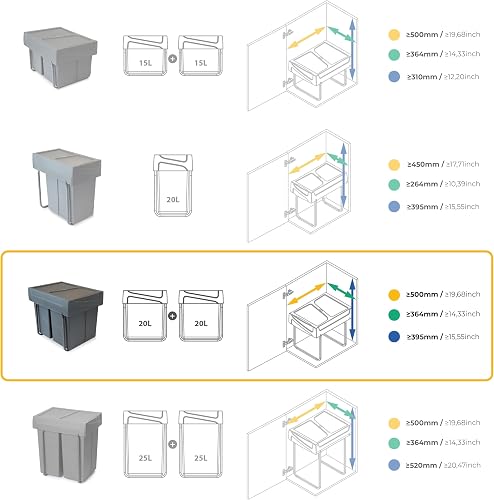 Emuca - Poubelles avec Fixation inférieure pour la Cuisine, 2 poubelles de Recyclage Amovibles de 20 L, capacité Totale 40 L (2 x 20 L), Acier et Plastique, Gris Anthracite. - 8