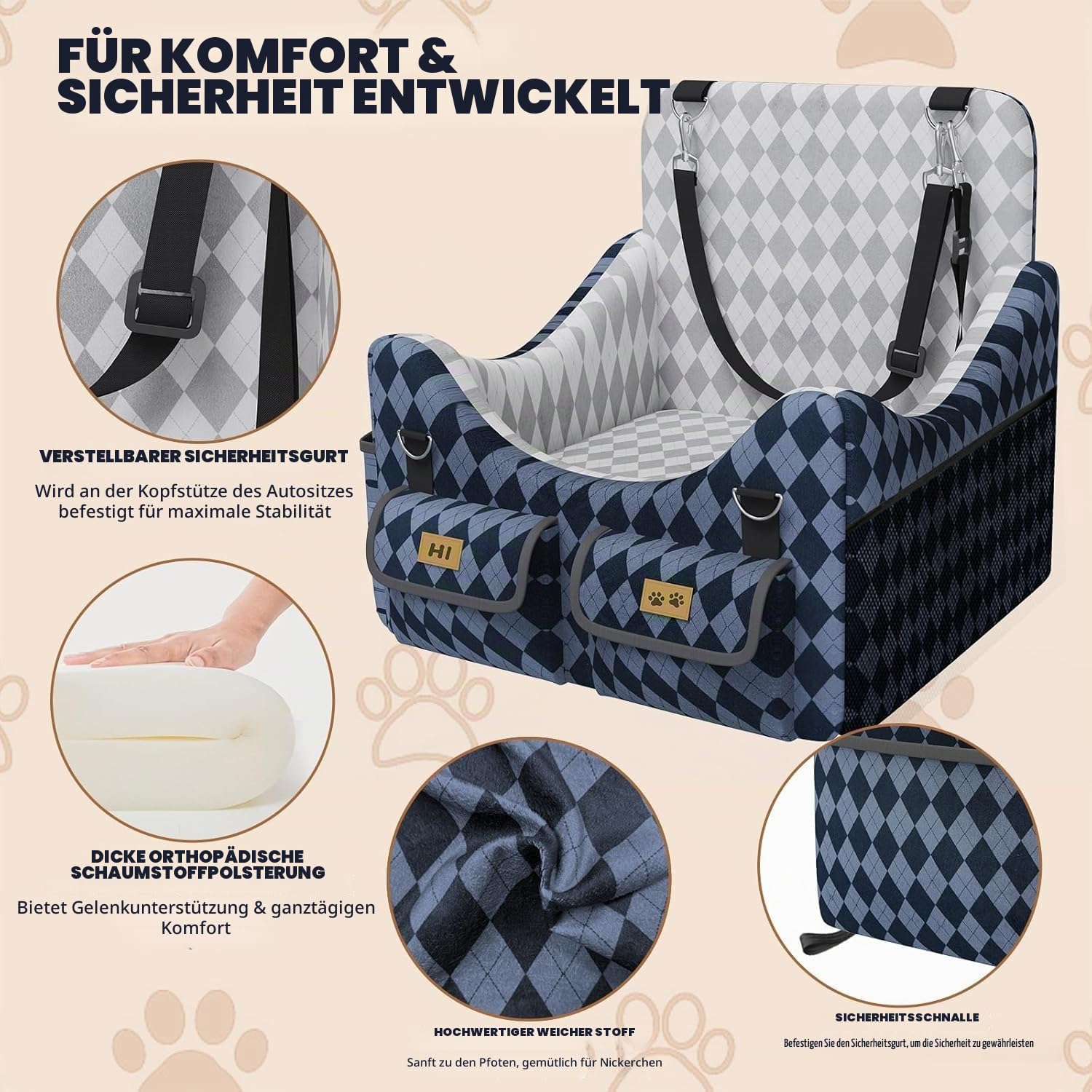 Hundeautositz bis 16kg Kleine & Mittlere Hunde mit Memory-Schaum | Sicherheitsgurt, 4 Fächer, 4 Fächern zur Aufbewahrung, Abnehmbarer Waschbarer Bezug