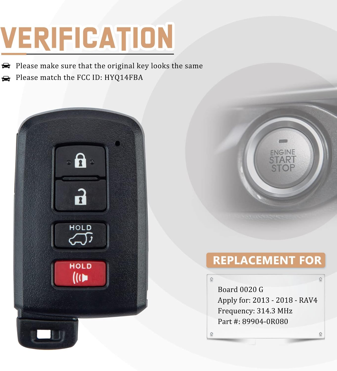 Smart Key Fob Replacement for 2013-2018 Toyota RAV4 Smart Remote FCC ID: HYQ14FBA Board 0020 G