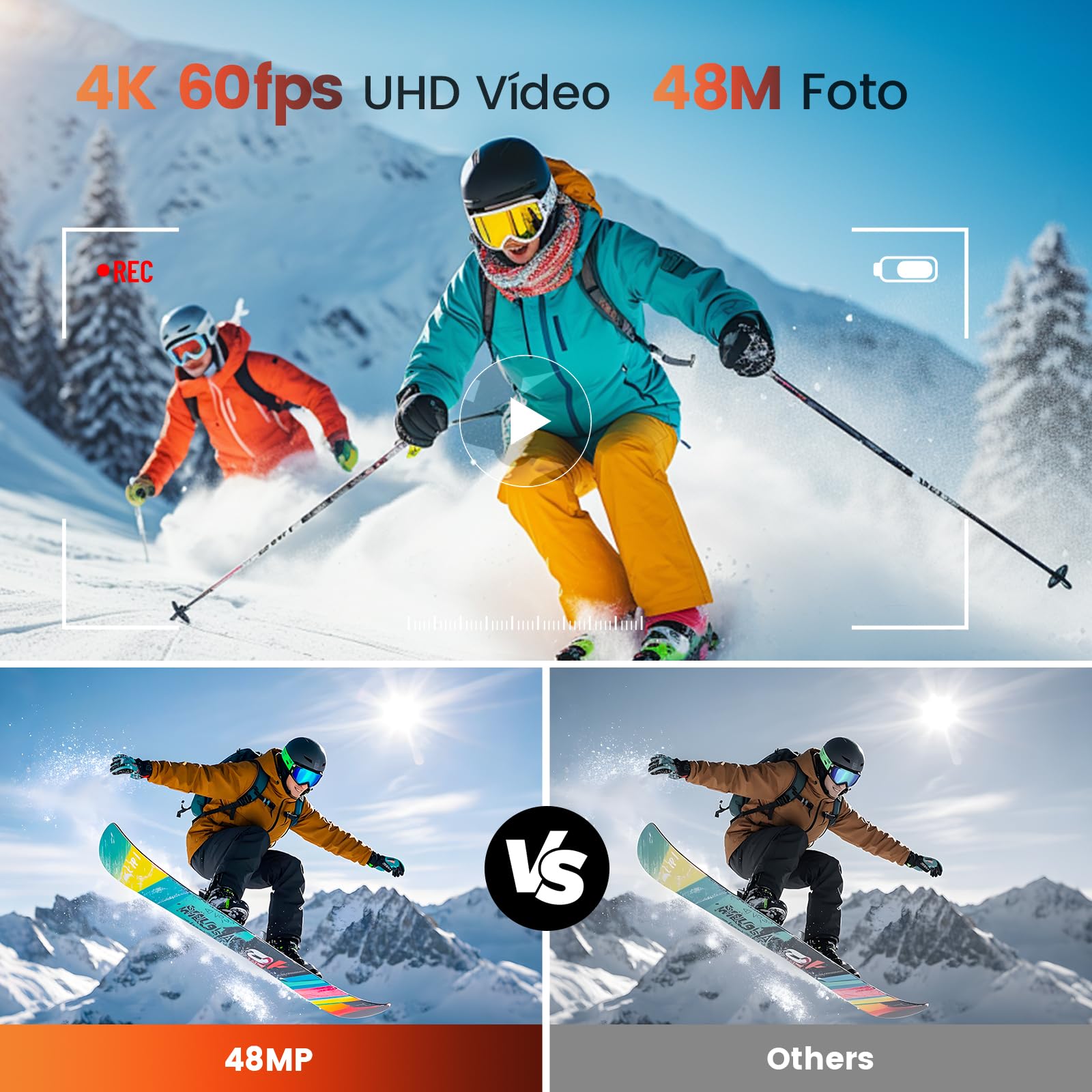 4K 60FPS Cámara Deportiva - 48MP WiFi Cámara Acuática con Tarjeta 64G, Zoom 8X, 170° EIS, Subacuática 15M, con Control Remoto, 2 * 1350mAh Baterías (64GB)