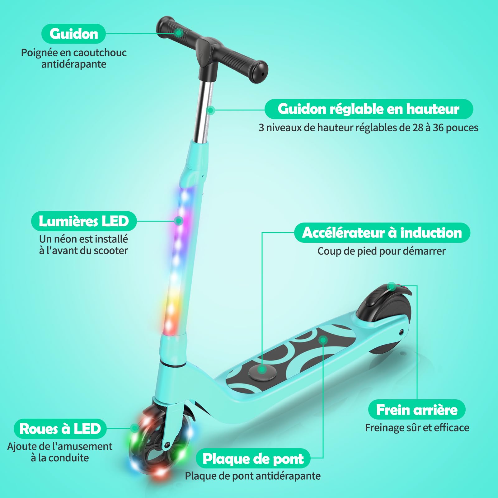 SISIGAD - Patinete eléctrico Infantil de 6 a 8 – 10 – 12 años con luz LED Colorida y 3 Alturas Ajustables, Scooter eléctrico para niños, Carga máxima 70 kg, Velocidad máxima 10 km/h