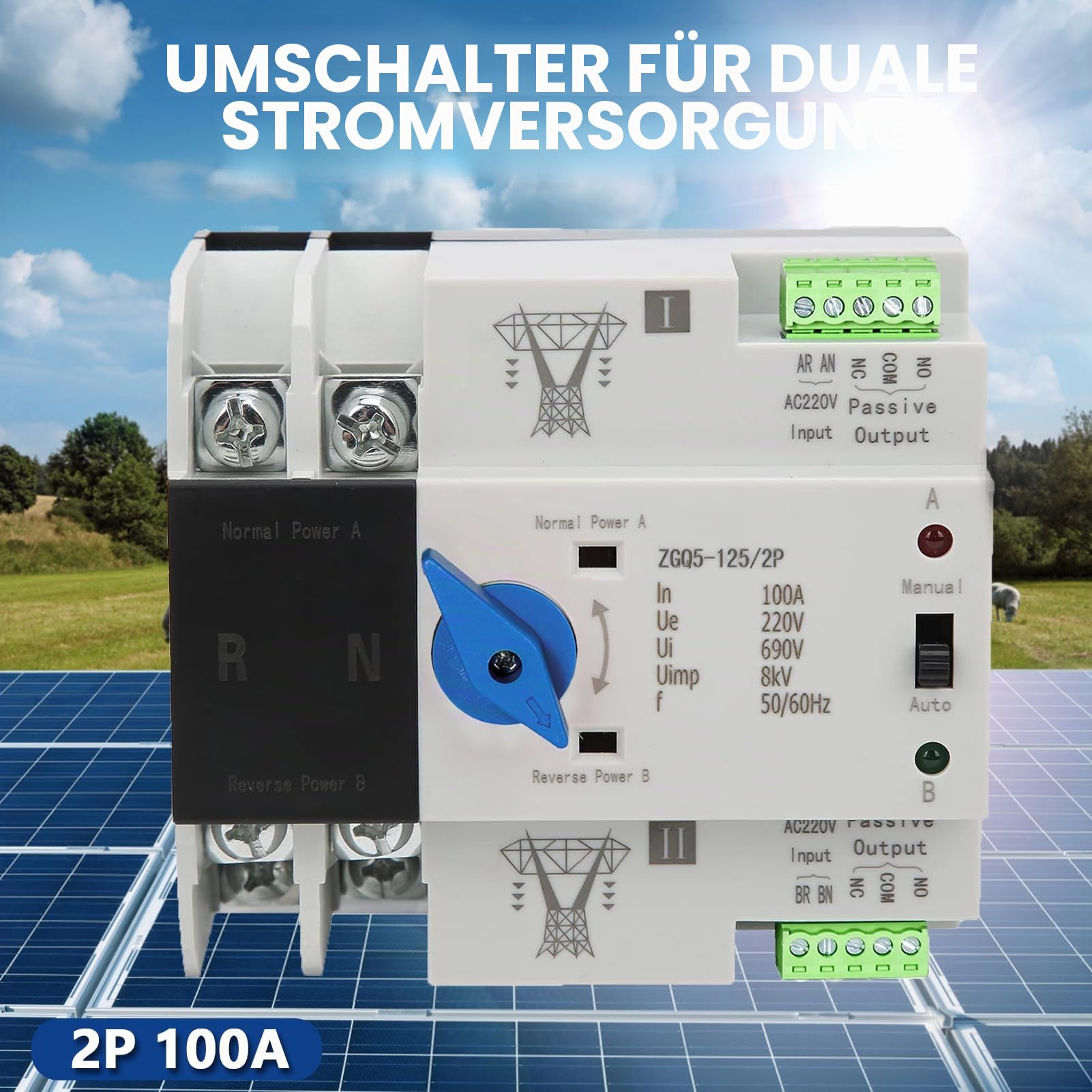 2P 100A ATS, automatischer Transferschalter, ATS Photovoltaik 220V 100A 2P Automatischer Interuptor mit doppelter Transference, für Solarpanel und kommunale Elektrizität