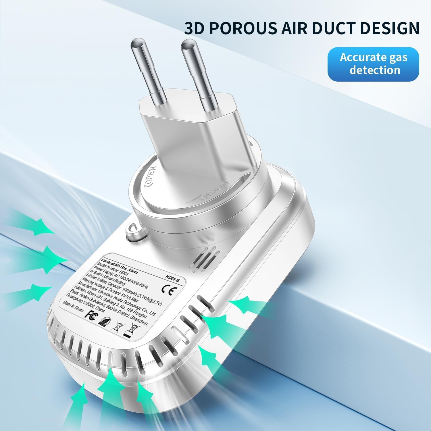 Gasmelder mit Stecker für Haus, Gaswarnmelder Erdgasmelder für Zuhause, Gaswarner für Erdgas LPG Methan Ethan Propan Butan, mit Wiederaufladbarer Batterie, Weiß, HD05-B-0904