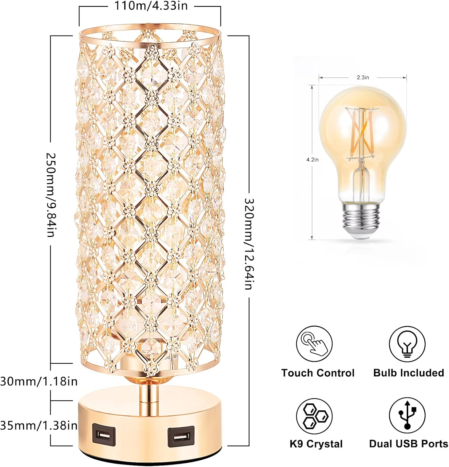 Touch Control USB Crystal Table Lamp Sets, Dimmable Nightstand Lamp with Dual USB Charging Ports, 3-Way USB Gold Lamp, Bedside Desk Light for Bedroom Living Room Home Office(Bulb Included&Set of 2)
