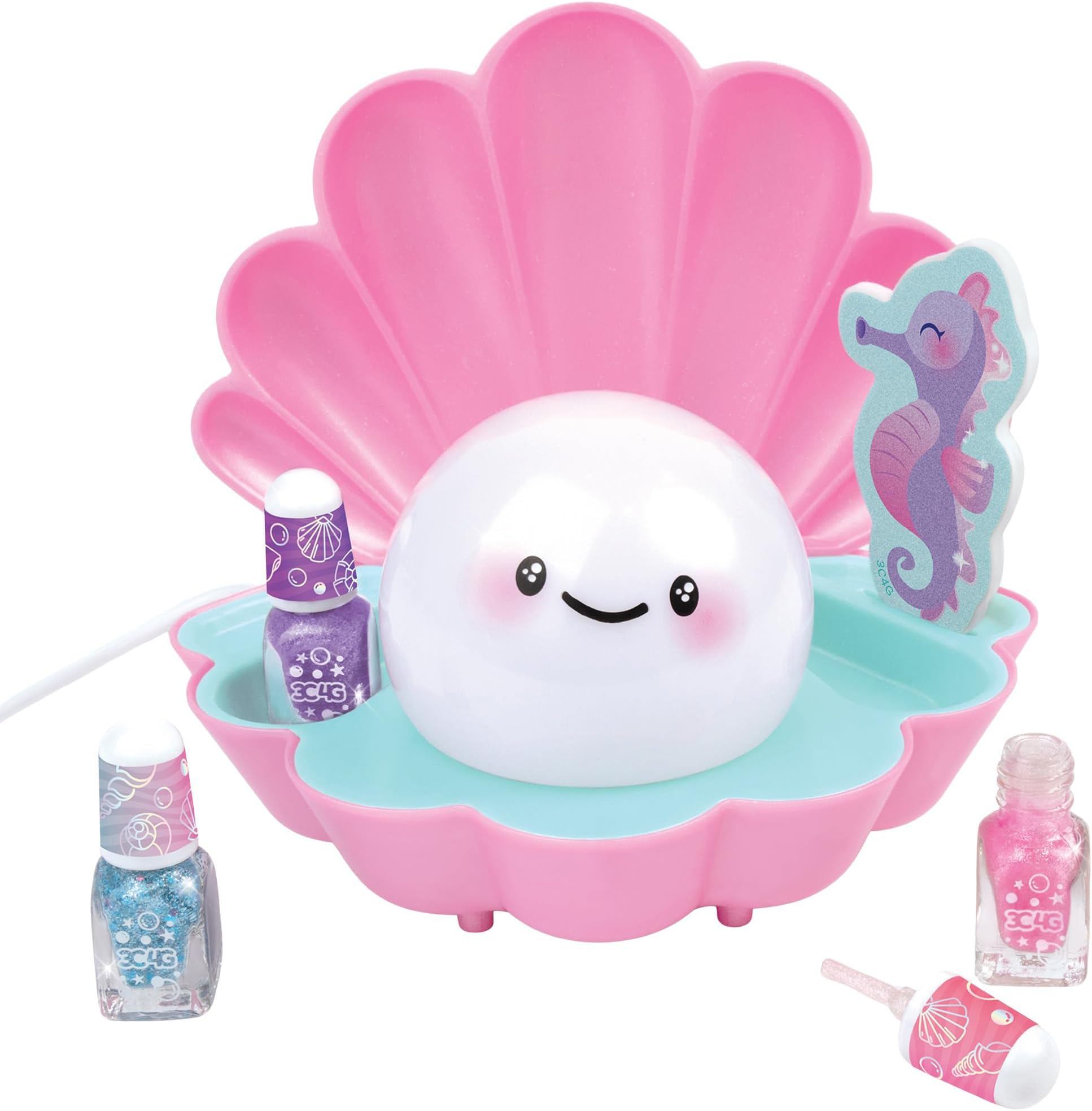3C4G: Pearl Perfect Light-Up Nail Dryer - 6pc, Pink Shell Shaped Manicure Kit, Built-in Fan, 3 Nail Polishes, Seahorse Filer, Tweens-Girls-Kids 8+