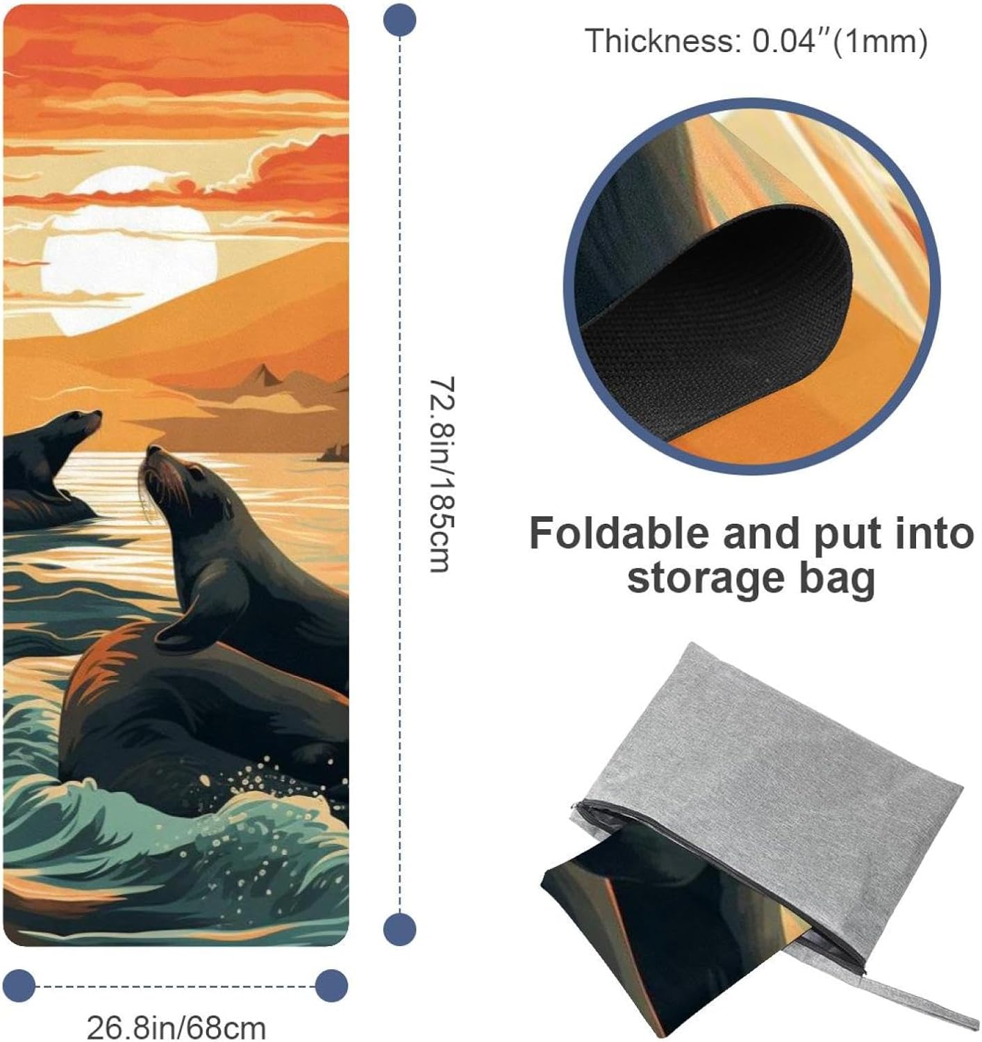 Yoga Towel, Sea Lion Pattern Non Slip Sweat Absorbent Hot Yoga Mat Towel for Hot Yoga, Pilates and Fitness - 72.8" x 26.8"