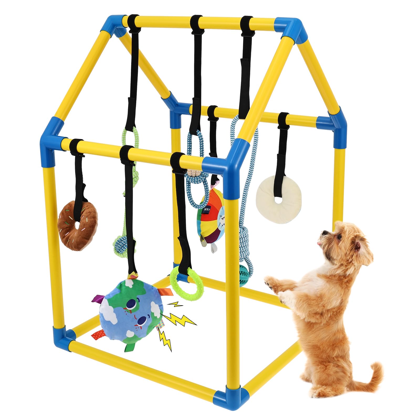 Parc de jeu pour chiots avec 8 jouets intelligents et fermetures , salle de jeu pour petits chiens avec cadre en PVC, jouet pour chiots pour dressage, apaisement, sol intérieur
