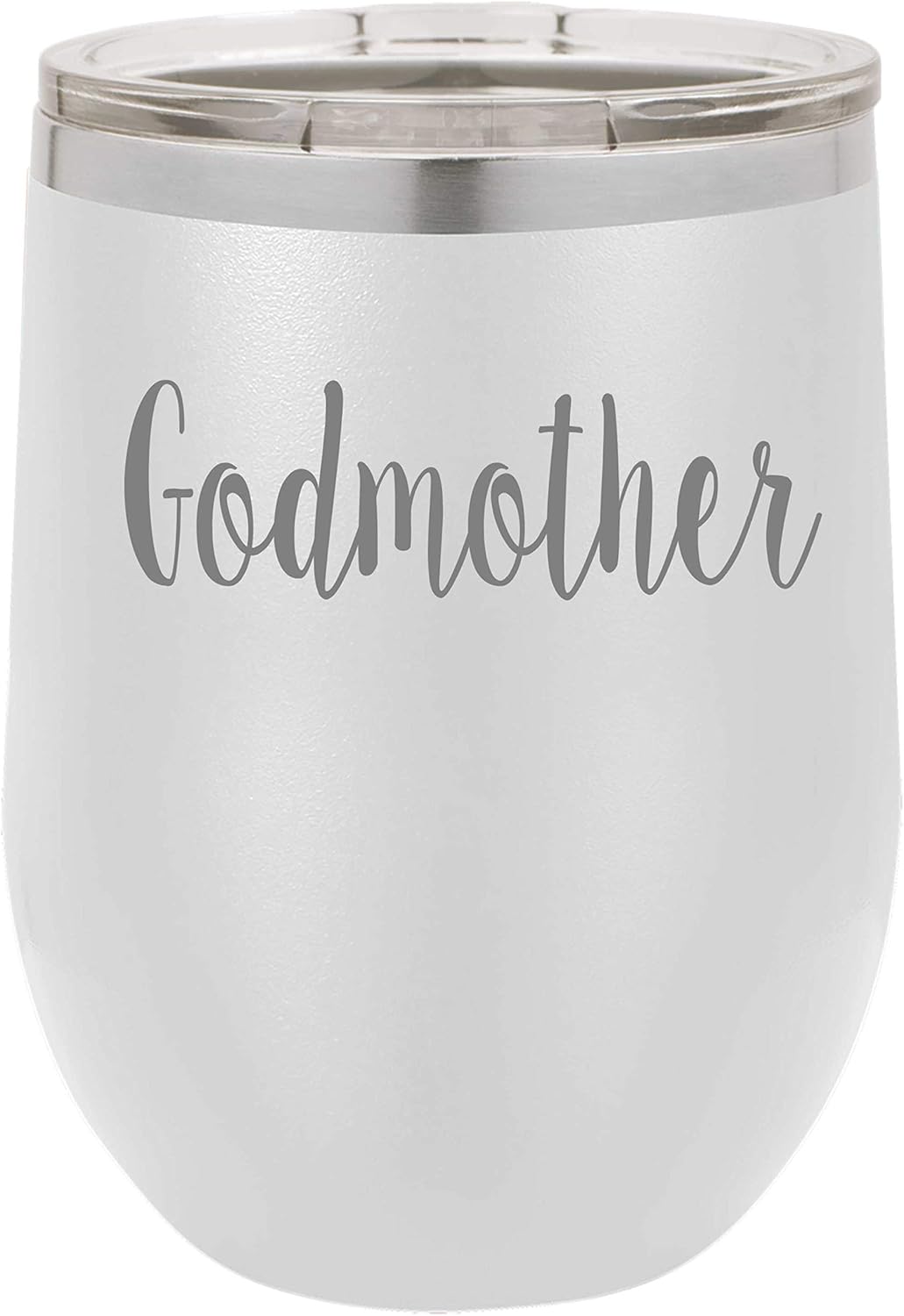 Wine Tumbler Godmother Baby Laser Engraved Insulated Unbreakable Stemless Cup With Lid Multiple Colors (Matte White)