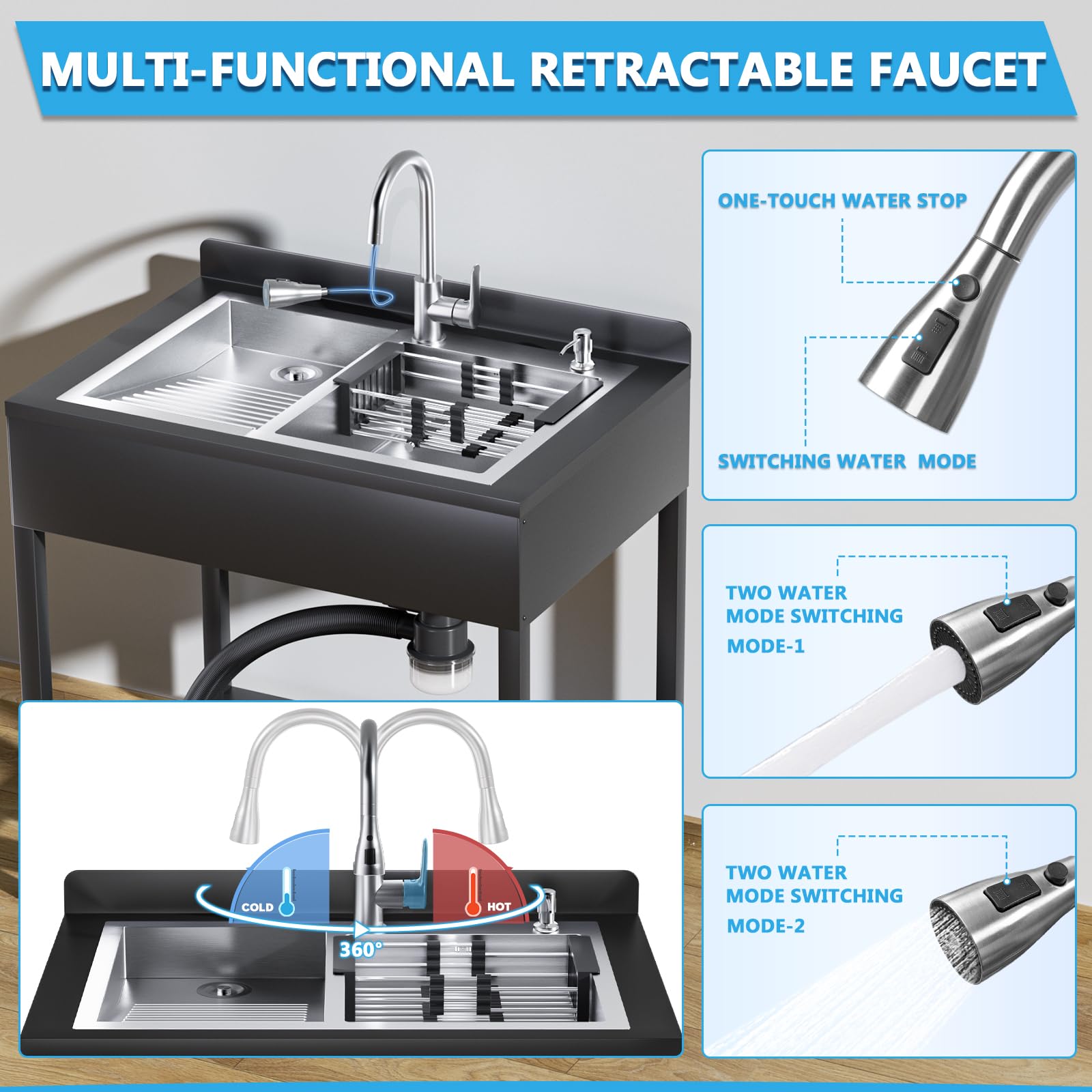 Freistehendes Edelstahl-Spülbecken, freistehendes gewerbliches Einbeckenspülbecken mit ausziehbarer Kalt- und Warmwasserarmatur, Sink Handwaschspüle für Küche (Silber sein, XL- 82.1 x 56C x 91.5CM)