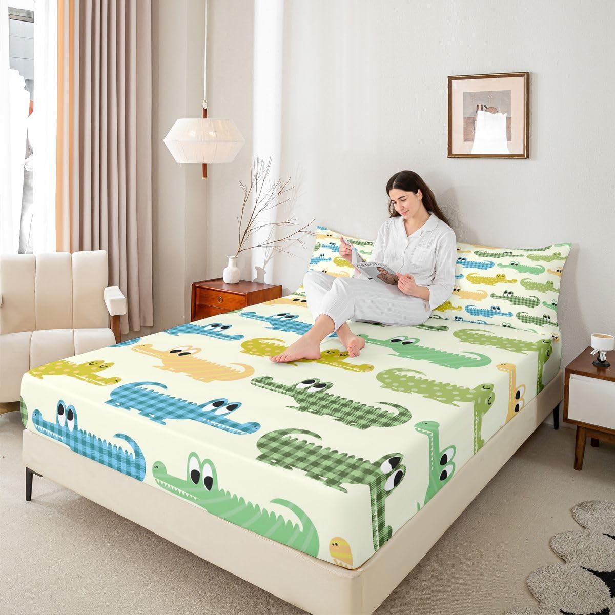 Erosebridal Boys Crocodile Bedding Sets Full Size,Cute Cartoon Crocodile Bed Sheet Set Kids Colorful Animal Sheet Set Lovely Reptile Fitted Sheet + Flat Sheet + 2 Pillow Cases Children Bedroom Decor