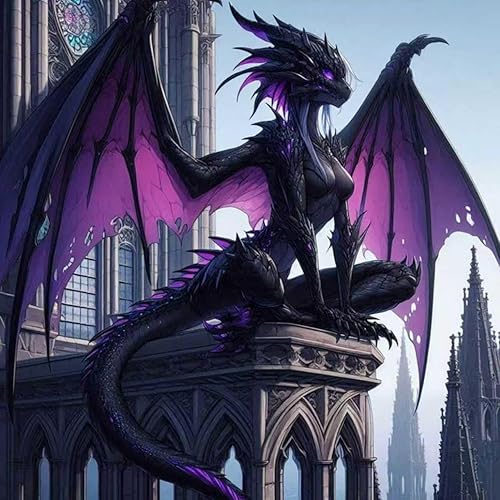WPYTNM 5D Dragon Diamond Painting Kit,DIY Handmade Castle Pterodactyl Theme, Round Full Drill, Canvas Material, 14x14 Inches, Adult, Art Deco Style