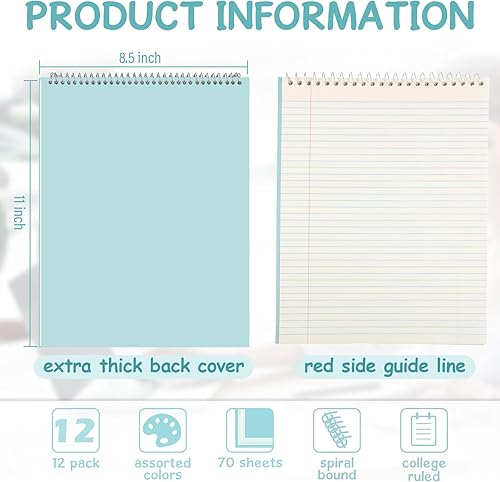 Miniatura 2 de Maitys 12 piezas de 8.5 x 11 pulgadas, libro de esteno en espiral, papel blanco con rayas universitarias, 70 hojasbloc, cubiertas de colores pastel