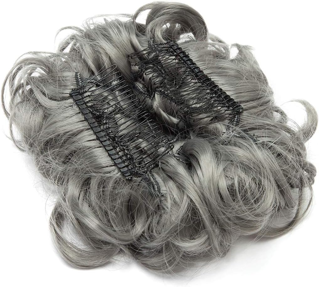 Short Combs Messy Curly Wavy Hair Extensions Bun Piece Up Do Drawstring Ponytail Clip in Comb Hair Extensions Chignon Granny Gray - Image 3