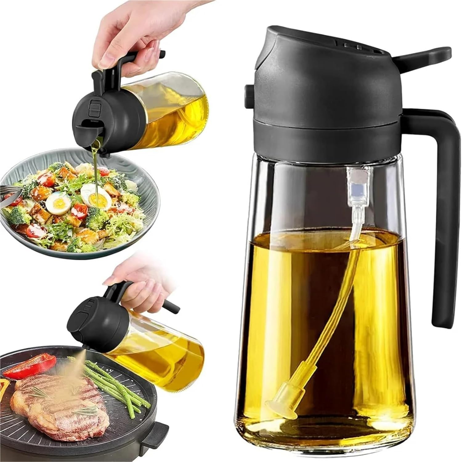 Oil Sprayer, 3pcs Oil Dispenser,15.8oz/470ml,2in1 Sprayer Pourer For Salads,Frying,Grilling, For Kitchen,Glass Bottle,for Kitchen, Air Fryer(Black)