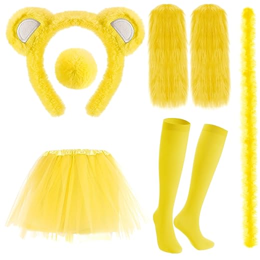 6 Pcs Halloween Bear Costume Women Adult Ear Headband Tail Tutu Skirt Leg Warmer Thigh-high Sock Feather Boa Party