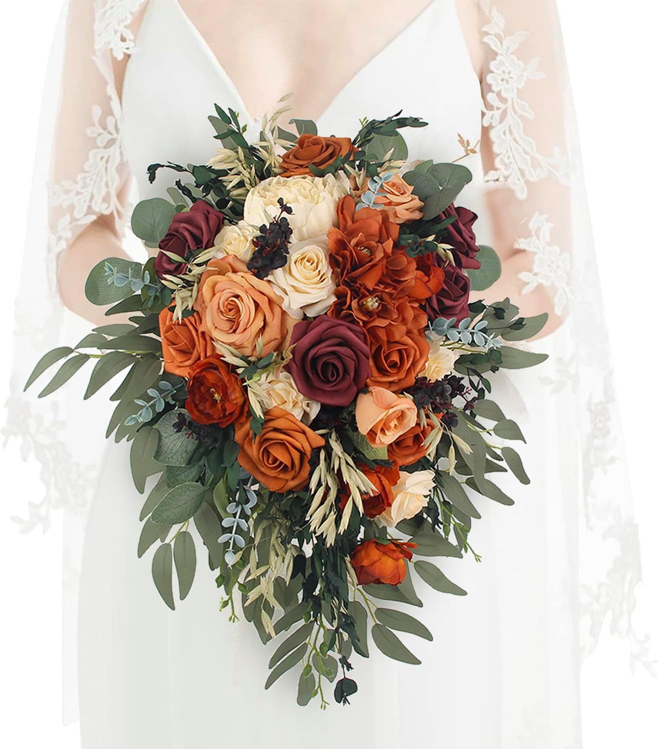 Rinlong Fall Cascading Wedding Bouquets for Bride Burnt Orange Cascade Bridal Bouquet for Wedding Terracotta Artificial Silk Flowers Bouquet