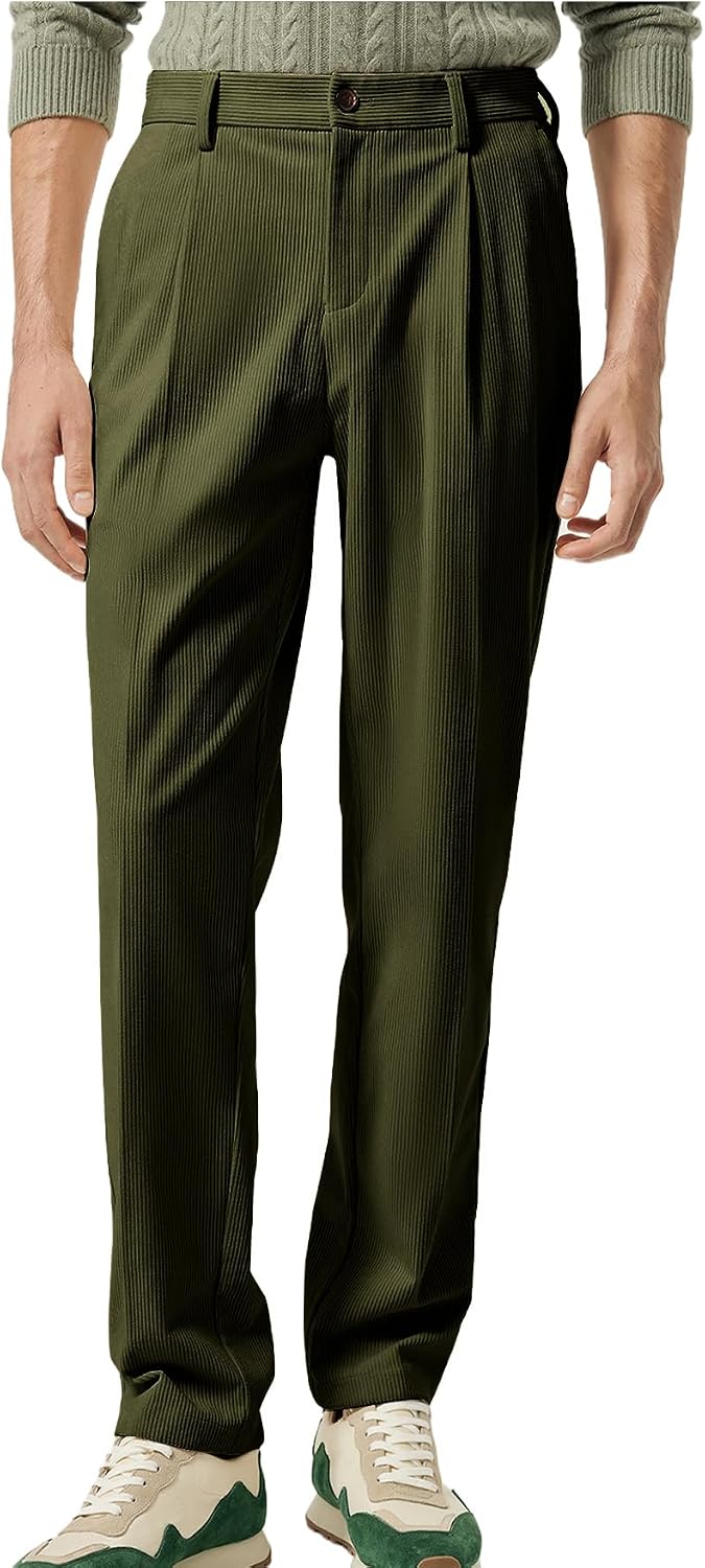 Men's Corduroy Casual Pant Slim Fit Elastic Waist Dress Pants Pleated Vintage Work to Weekend Pants