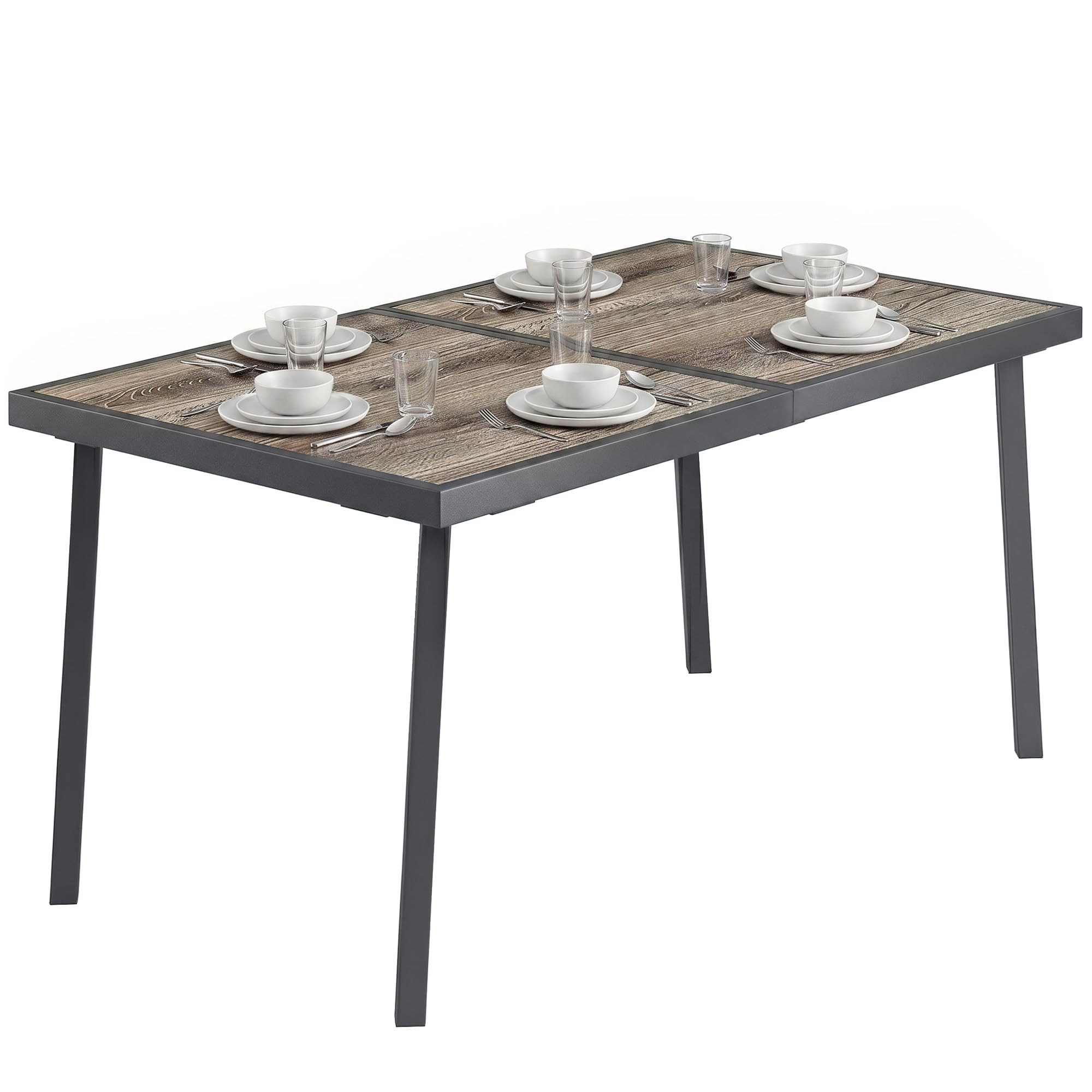 Outsunny Tavolo da Giardino Effetto Legno 145x85 cm per 6 Persone Grigio | Piano in Plastica, Tavola da Pranzo da Esterno Rettangolare, Gambe in Acciaio, per Patio, Terrazzo, Balcone