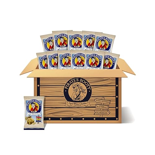 Frituras infladas Pirate's Booty de queso cheddar blanco añejo, sin gluten, aperitivos para niños, 1 onza (12 unidades)