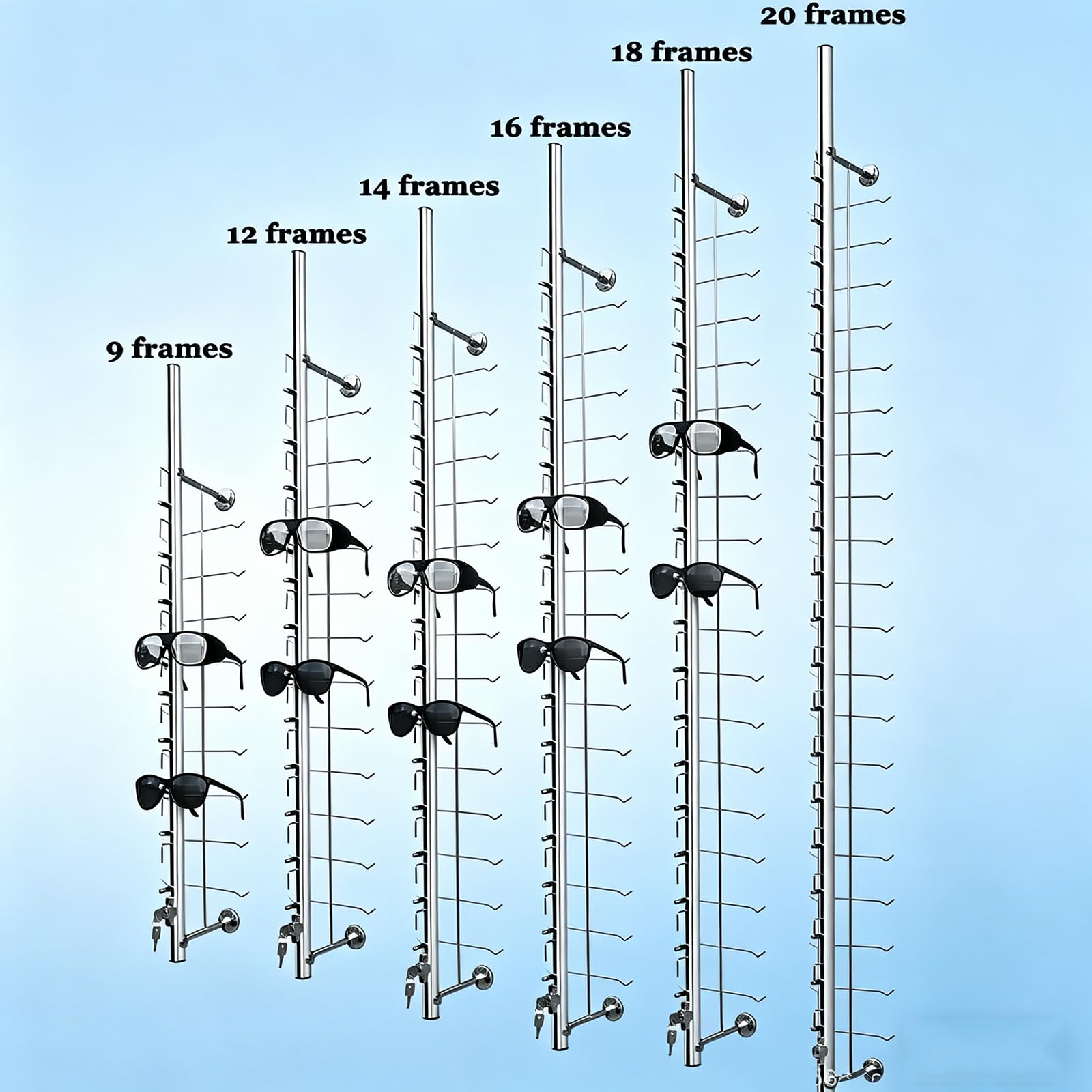 Soporte de exhibición de gafas, soporte de pared, soporte multiusos para gafas de sol con cerradura, ideal para tiendas ópticas, incluye 20 piezas, diseño que ahorra espacio